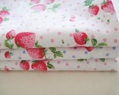 Red Strawberry Fabric / White Fabric/ White Linen Cotton/ Linen Fabric/ Sweet Fabric - White Linen with Strawberry and dots 1/2 yard 18'X43"