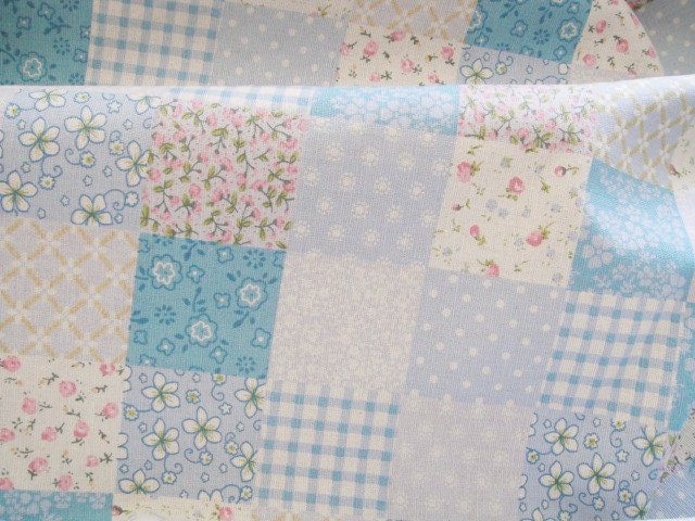 Pink Linen Fabric, Blue Fabric, Square Plaid Fabric, Floral Dots Plaid Patchwork, Pink Plaid Blue Plaid Fabric - 1/2 yard