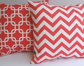 Coral pillow covers set of two 20" x 20" coral and white zig zag chevron stripe and Gotcha links