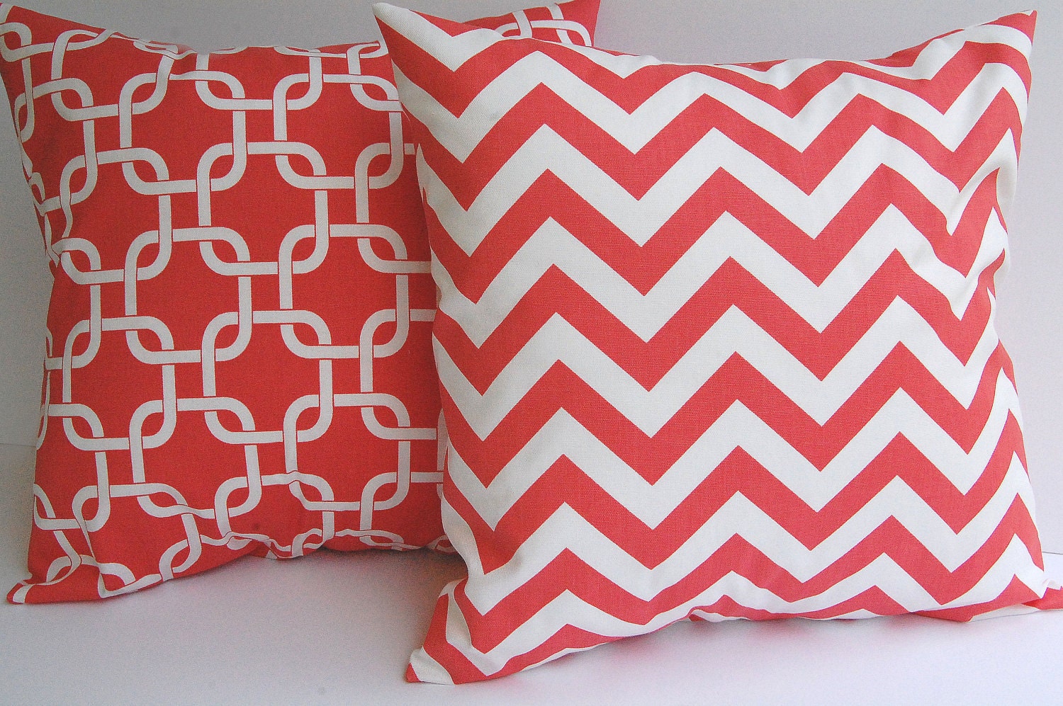 Coral pillow covers set of two 16" x 16" coral and white zig zag chevron stripe and Gotcha links