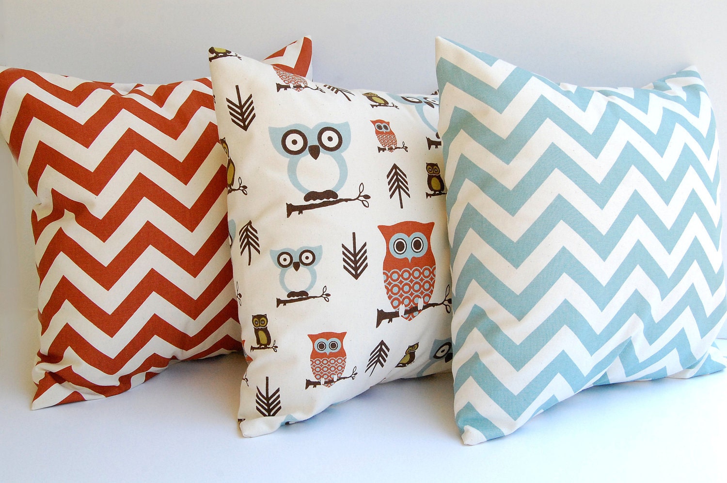 Throw pillows set of three 20" x 20" decorative pillow covers in natural, rust and light smokey blue with Owls