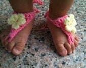 Crochet Barefoot Pink and Yellow Flower Sandals - Infant Toddler Cute