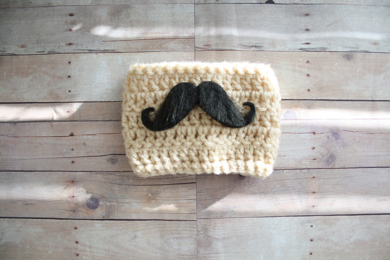 Crochet Coffee Cozy Silly Stache Sleeve Reusable in Buttercream
