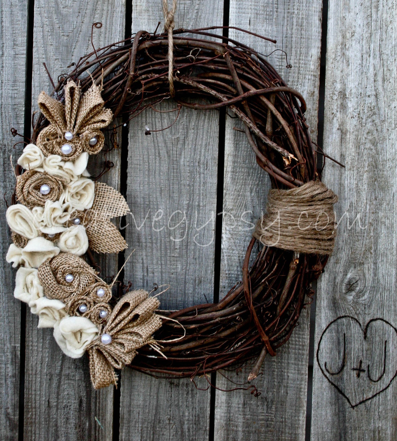 Rustic Burlap, Ivory and Jute Wreath LOVE