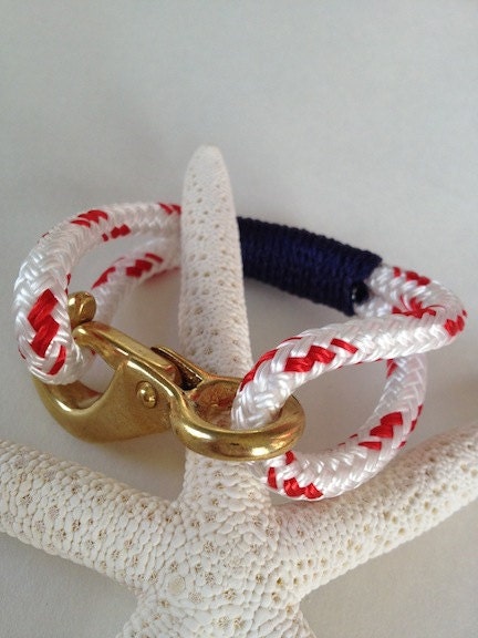 White and Red Nautical Rope Bracelet with Navy Wrap and a Bronze clasp