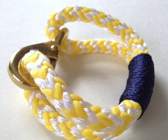 Yellow & White Nautical Rope Bracelet with Navy Wrap and a Bronze Clasp
