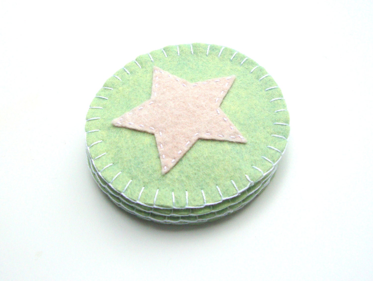Mint Green and Beige Felt Coasters - Pastel, Star, Celestial, Handmade Home Decor - MartyMakes