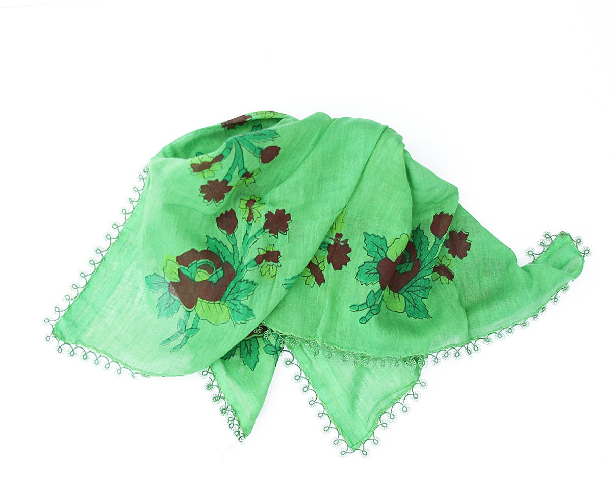Vintage Turkish Scarf - Never Used, Cotton, Green, Shuttle Lace, Oya, Yemeni, Neckwarmer, Lacework, Floral