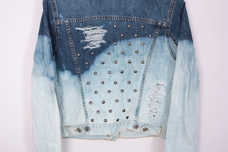 OMBRE Acid Wash JACKET Jeans Vintage DIY Denim Blue White Studded 90s