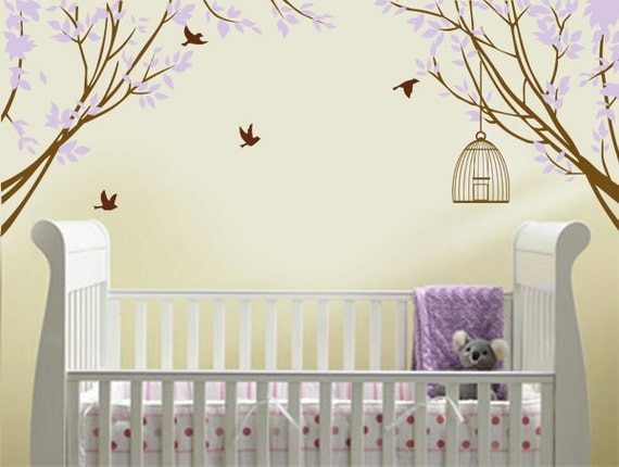 Vinyl Wall Decal Sticker Corner Branches with Decorative Vinyl Wall Bird Cage Children Nursery