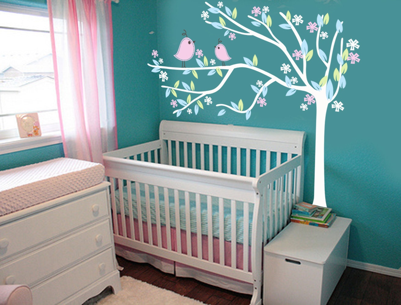 Vinyl Wall Decal Shabby Chic Cutesy Tree with bird Friends nursery decor