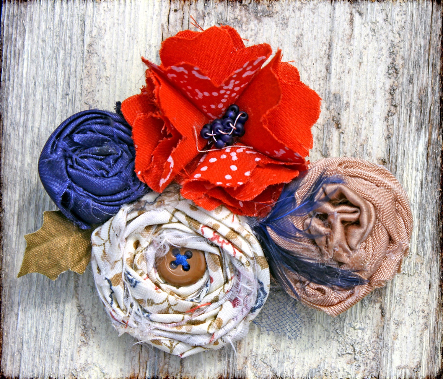Orange, Navy, Tan, Cream Flower Brooch, Hair Accessory, Hair Clip, Headband, Women's Fabric Flower Brooch, Baby Girl's Hair Bow, Photo Prop