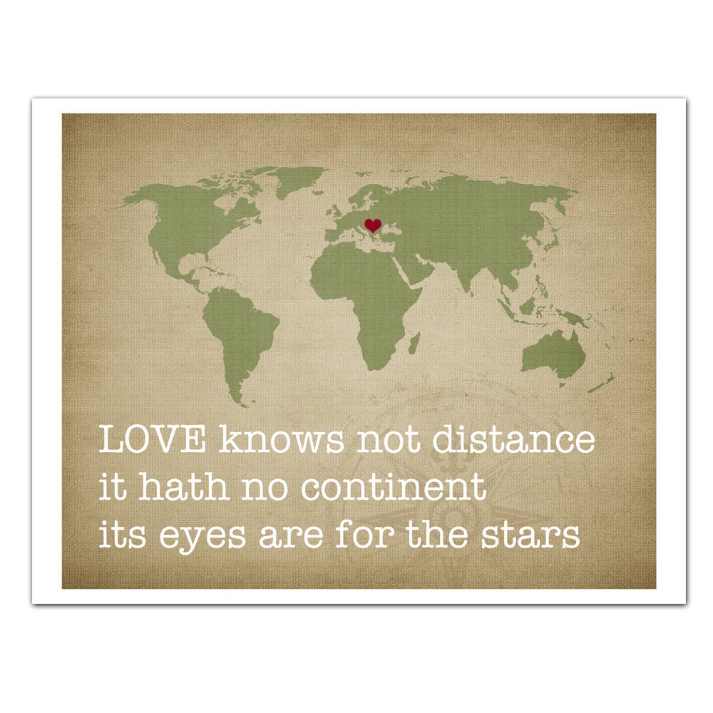 LOVE knows not Distance, Map Customized, Love Quote, Up To FIVE Hearts, Quote Art, Wall Art Typography Prints, 8x10 print