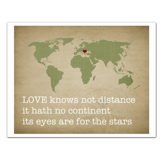 LOVE knows not Distance, Map Customized, Love Quote, Up To FIVE Hearts, Quote Art, Wall Art Typography Prints, 8x10 print