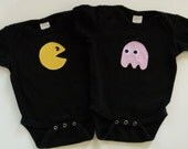 Funny Twins Pacman and Ghost Applique Onesie Baby Gift Set - Great for Multiples New Mom and Dad Gift