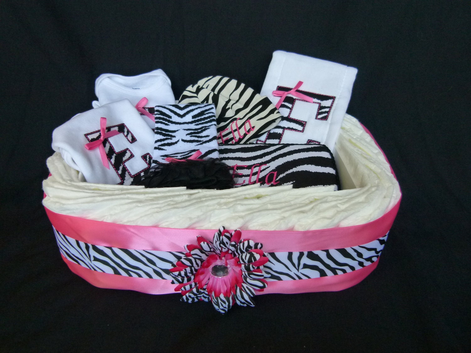 Personalized Baby Diaper Gift Basket Diva Princess Zebra and Hot Pink