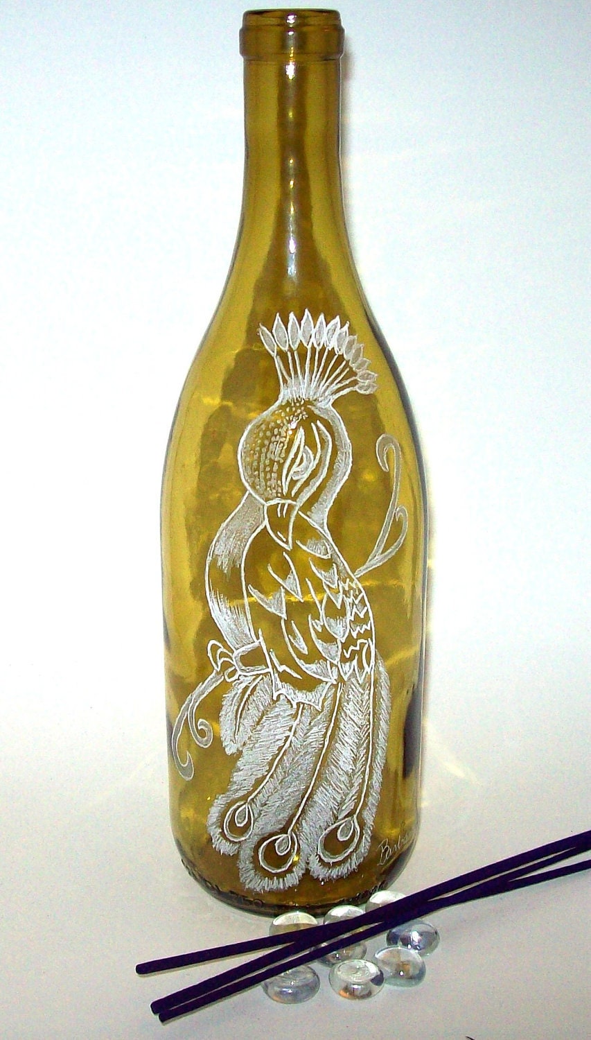 Incense burner Glass bottle- Hand Etched- Free Shipping- Peacock