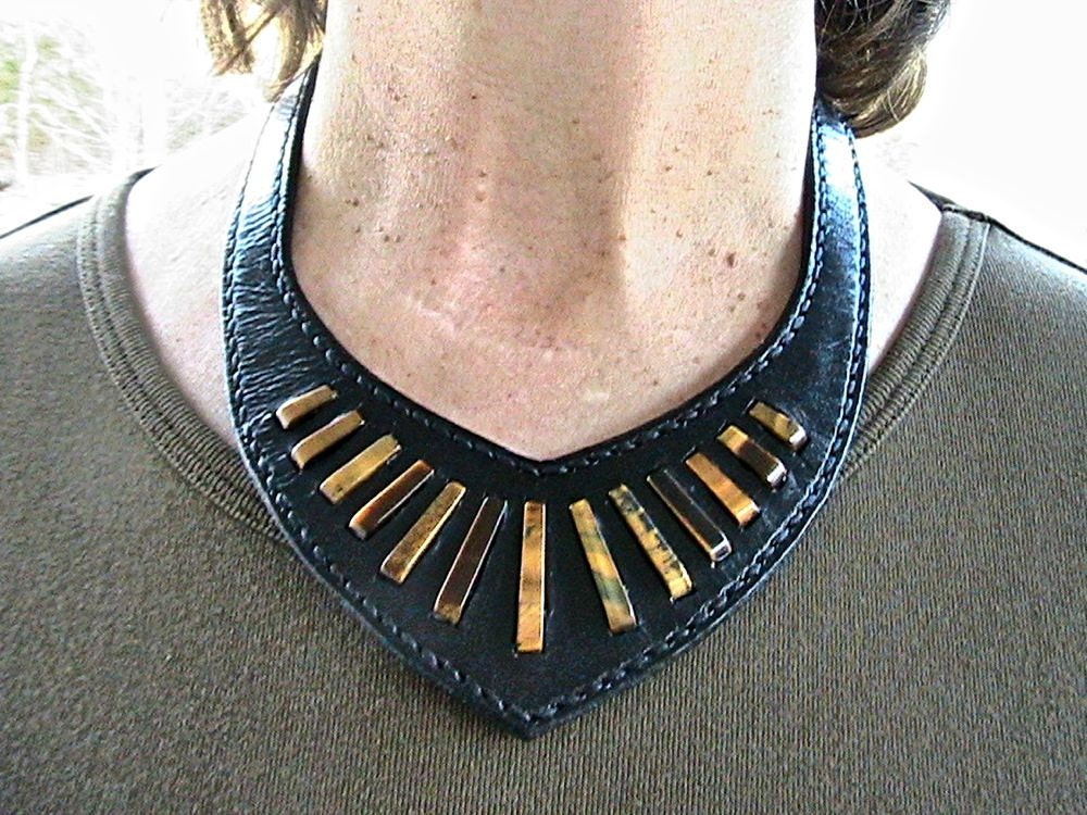 Leather bib necklace inlaid with tigereye stone beads. - WoodBoneAndStone