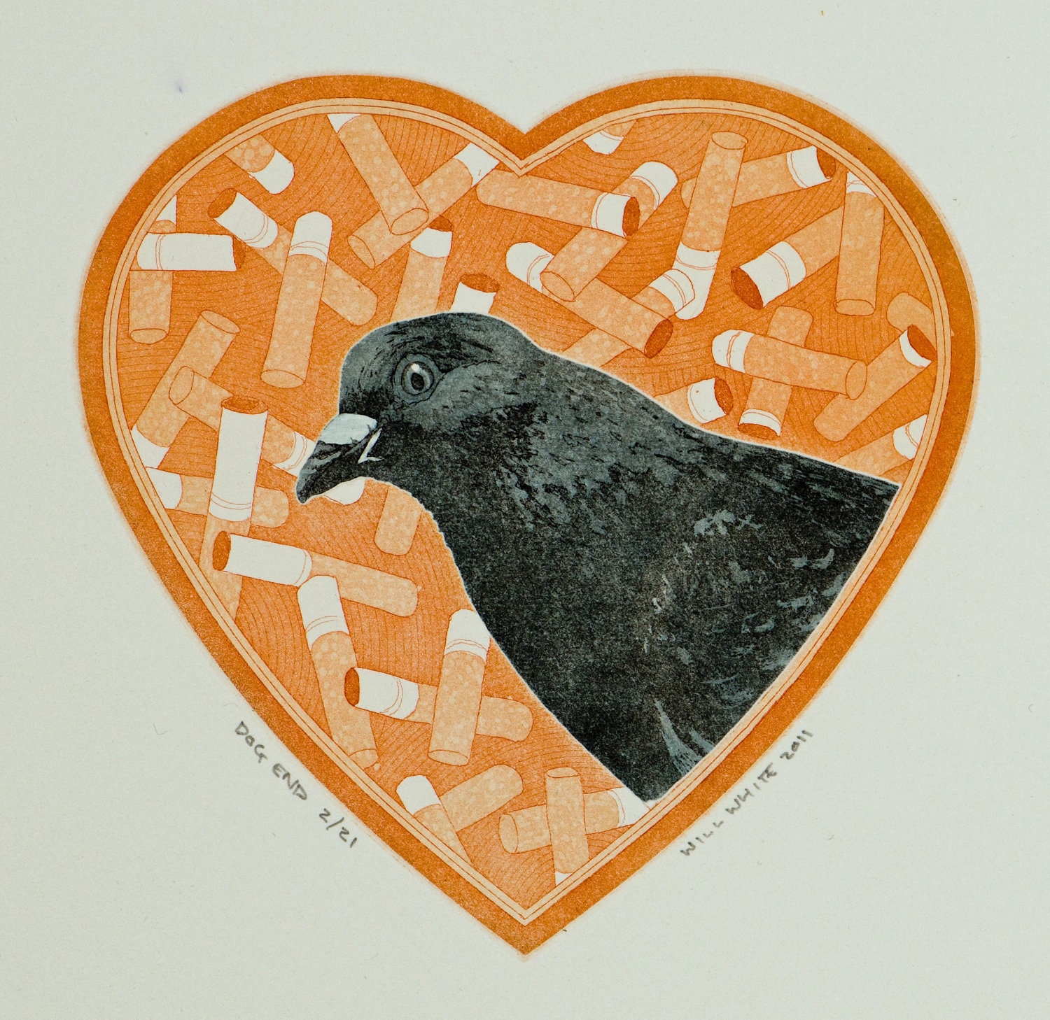 dog end etching (pigeon portrait)