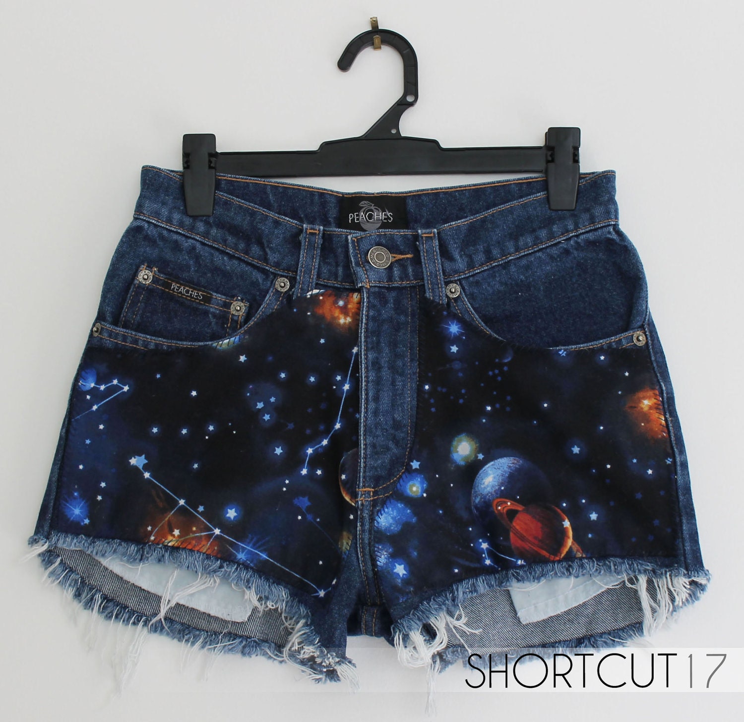 20% OFF SALE Vintage High Waisted Galaxy Cut Off Shorts with Exposed Pockets & Metallic Paint, Space Odyssey Collection, XXS