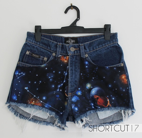 Vintage High Waisted GALAXY Planet Constellation Cut Off Shorts with Exposed Pockets & Metallic Paint, Space Odyssey Collection, XXS
