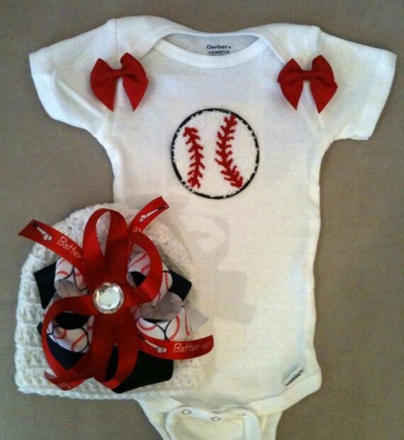 Baseball onesie set for baby girls with matching beanie hat with baseball boutique bow