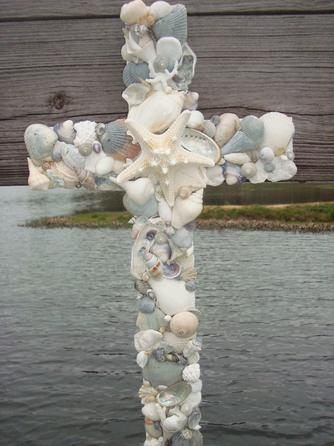 Encrusted Seashell Cross on Reclaimed Wood