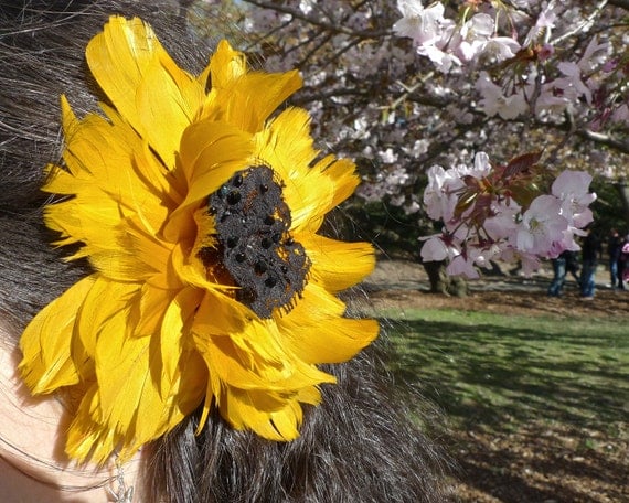 Yellow Feather Sunflower hair fascinator clip with lace