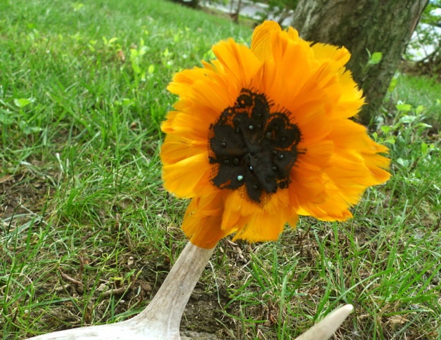 Yellow Feather Sunflower hair fascinator clip with lace