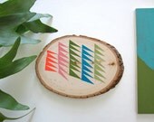 Wood wall art, original painting, bold geometric neon abstract painting on tree slice