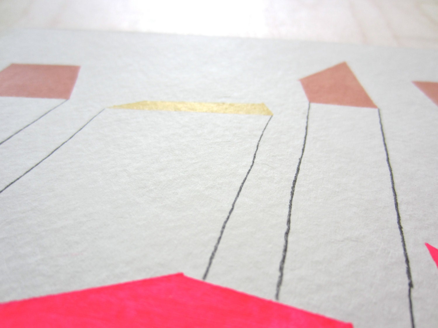 Original abstract painting, geometric art on paper with neon pink, peach and gold