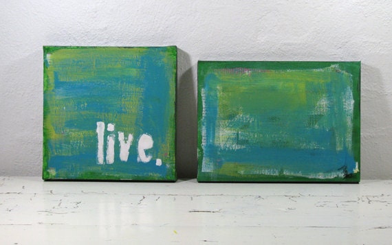 Typographic Art. Mixed Media Paintings. Green and Blue. Set of two.