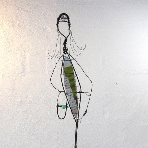 Rustic, Whimsical Wire Sculpture - Reclaimed Wire and Driftwood - Her Name Was Lola - Dress from Recycled Paper