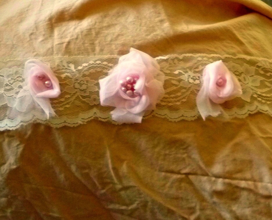 Pink Roses Sash Bridal Bouquet Belt Floral Ivory Lace Bridesmaid Pearls Wedding Womens