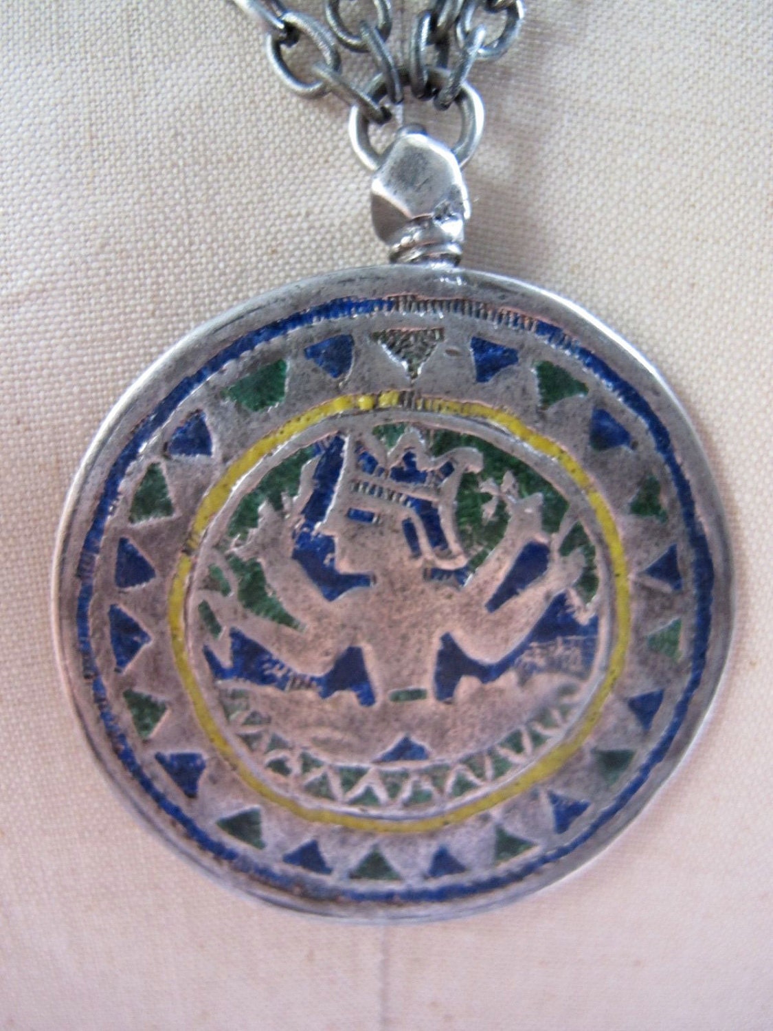 Antique Indian Enamel Silver Tribal Shiva Amulet on Silver Chain and Leather with Antique Indian Beads