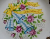 Vintage Anniversary Plate, Happy Anniversary, Plate with Bells and Flowers