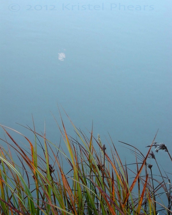 Moon Reflection 2, 8x10 Fine Art Photograph - water photo calm peaceful grass reeds blue green orange brown - KristelPhears