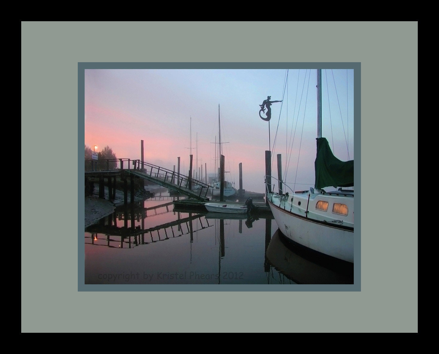 Nautical Sunrise Photo 8x10 Fine Art Photograph - reflection print Misty foggy mermaid weathervane peach pink baby blue follow me