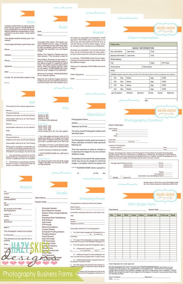 12 Photography Business Forms Kit - Contract, Model Releases and more