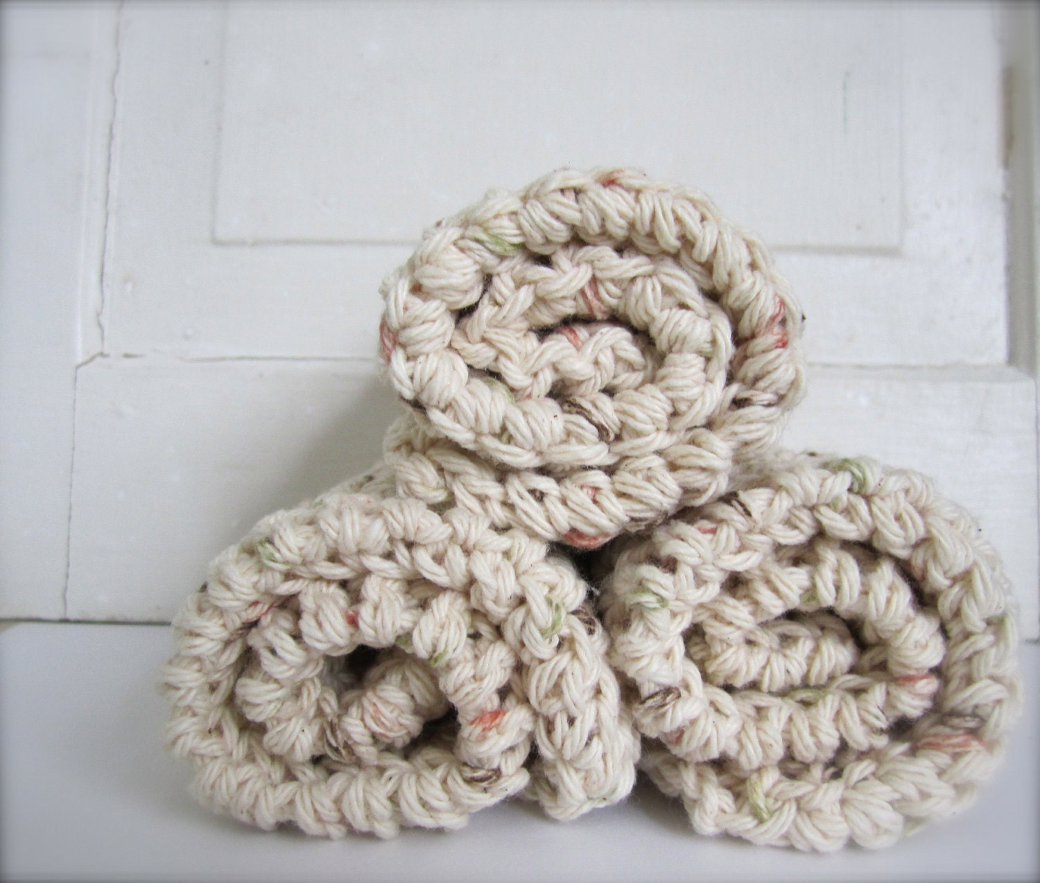 Crochet 100% Cotton Washcloths Dishcloths, Facecloths Set of 3, Natural Cream with Earth Tone Flecks