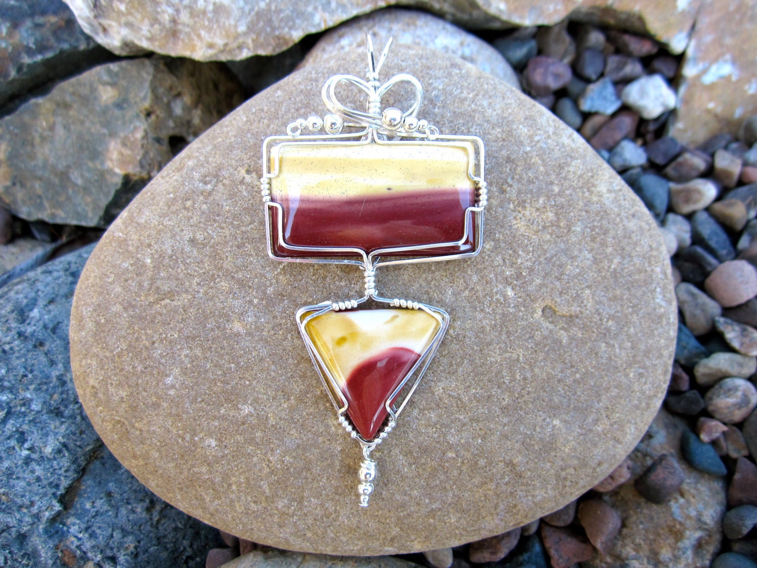 Fantastic Mookaite Jasper Double Stone Sterling Silver Wire Wrapped Pendant