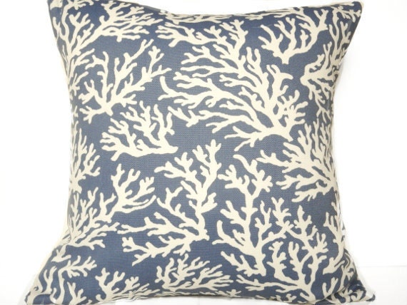 Indigo Blue Pillow Covers Sea Coral Beige Outdoor Indoor Decorative Pair  18x18