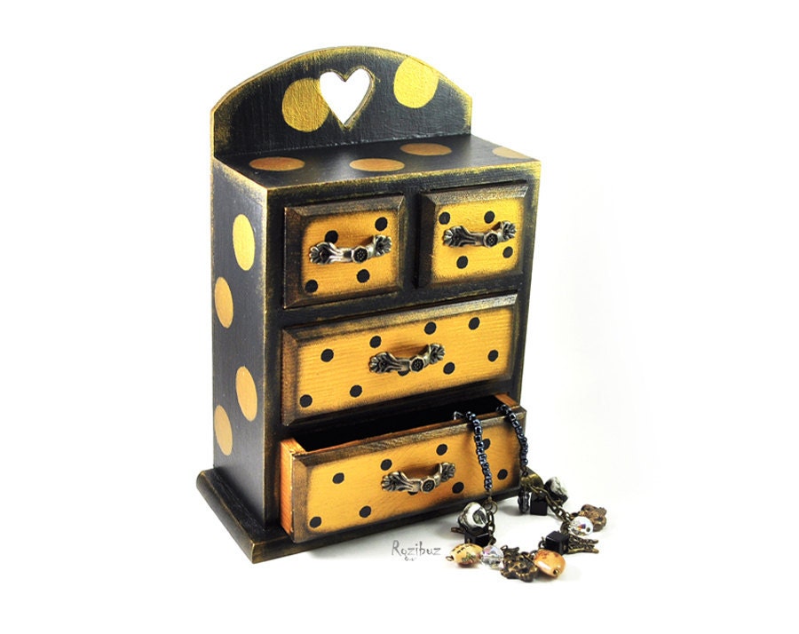 Gold black polka dot - trinket box - mini chest of drawers - golden box for jewelry, gift idea for her, vintage, home decor - made to order