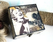 Cinema - wooden box for jewelry in vintage style - ready to ship, gift idea for her, bronze, ink, gray, black, Action,