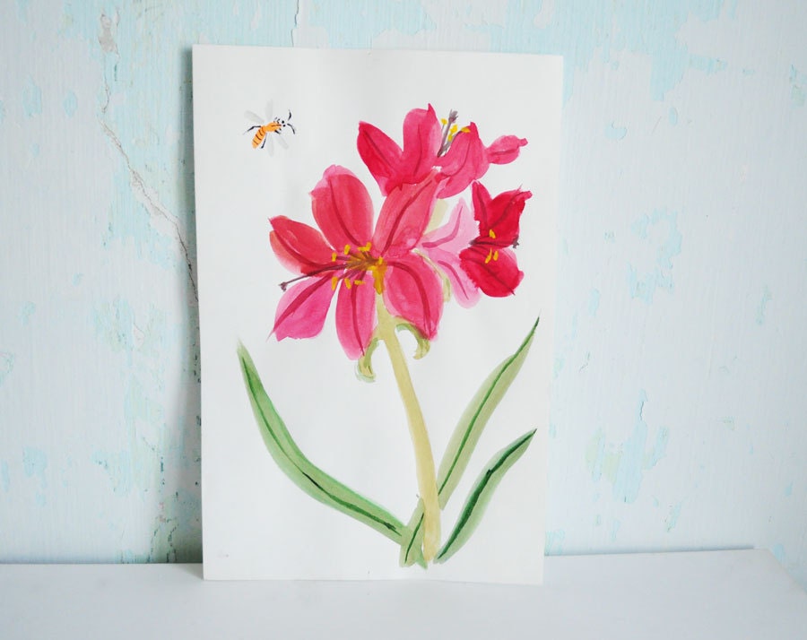 Hand painting watercolor Pink hibiscus - red flower, pink flower, home decor, picture, art - made to order