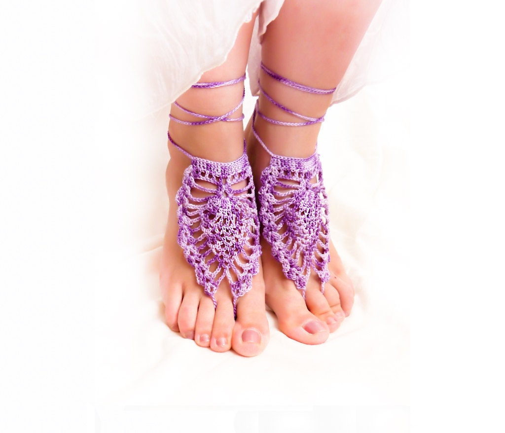 Barefoot sandals, Purple wedding nude shoes barefoot sandle, Sexy crochet lace, pastel, boho, yoga, anklet , bellydance, foot thongs