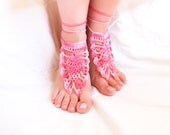 Pink crochet barefoot sandals  nude shoes, Lolita, sexy lace foot jewelry, bohemian, foot thongs, belly-dance. Victorian lace