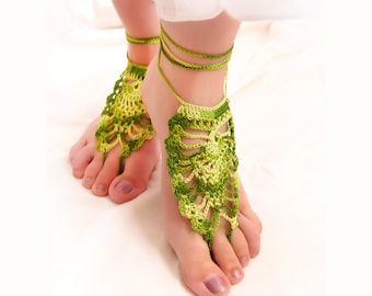 Gypsy Crochet Barefoot sandals, foot jewelry, green nude shoes, Lolita, sexy, lace,bohemian, foot thongs, yoga, belly-dance, Summer fashion