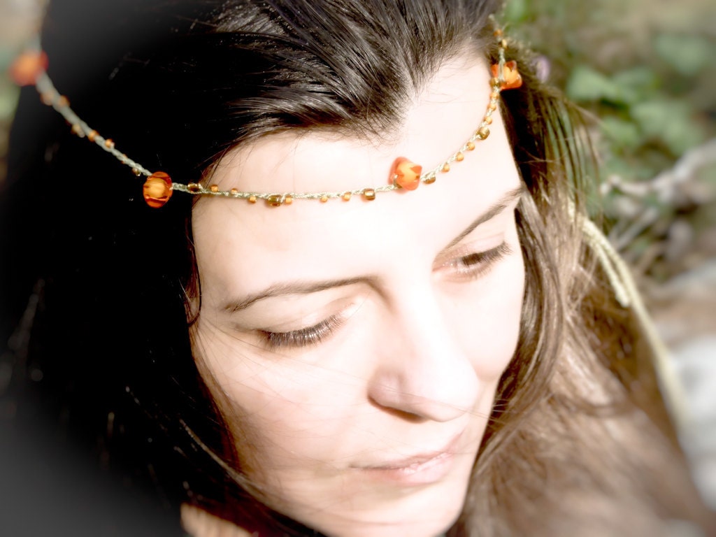 Bohemian skinny headband tangerine orange brown green bead crochet cord  Gypsy hair piece