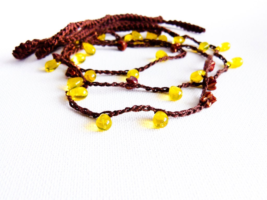Chocolate  yellow  skinny headband. Hippie crochet rope accessory, beaded crochet strand , neon crown,